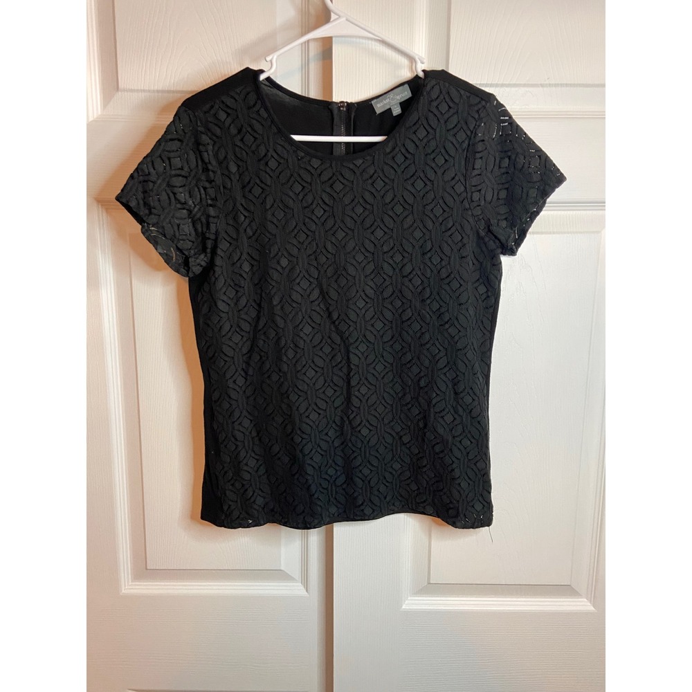 Market & Spruce Black Lace Overlay Short Sleeve Top Exposed Zipper SFT9142 S